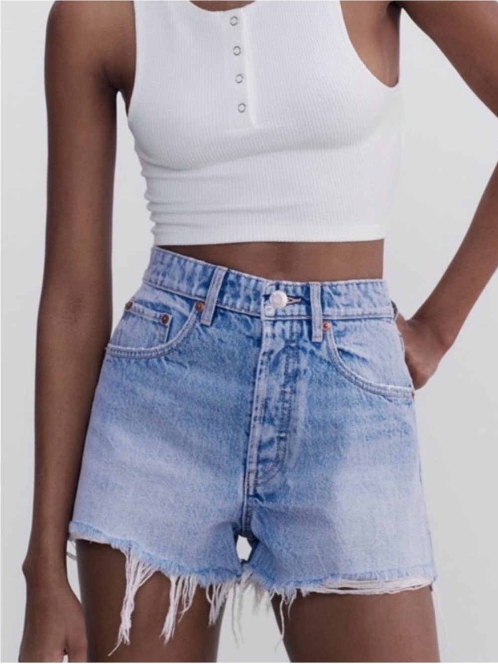 Zara Light Blue High-Rise Distressed Denim Shorts